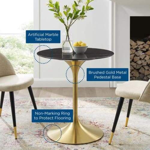 Pedestal Design 28” Round Black Artificial Marble Dining Table, Brushed Gold