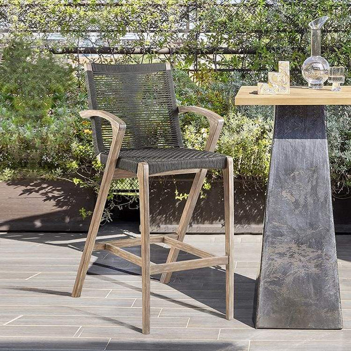 Brielle 30" Outdoor Light Eucalyptus Wood and Charcoal Rope Bar Stool