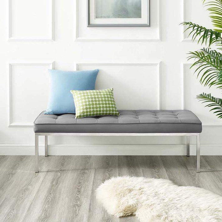 Loft Tufted Large Vegan Leather Bench, Gray Loft Tufted Large Vegan Leather Bench, Gray