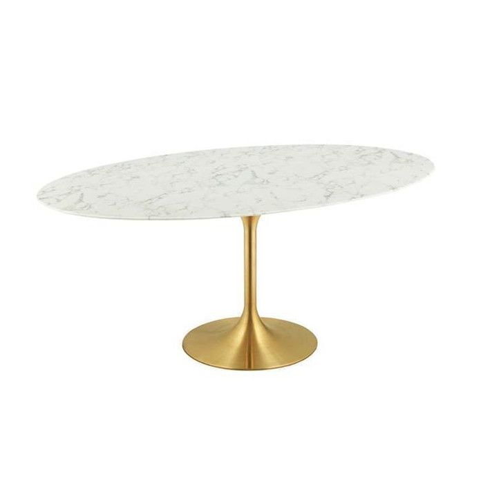 Pedestal Design 78” Oval Artificial Marble Dining Table, Gold Base