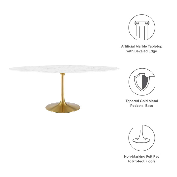 Pedestal Design 78” Oval Artificial Marble Dining Table, Gold Base