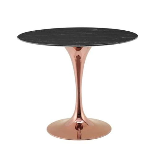 Pedestal Design 36” Round Black Artificial Marble Dining Table, Rose Gold Base