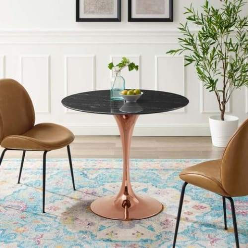 Pedestal Design 36” Round Black Artificial Marble Dining Table, Rose Gold Base