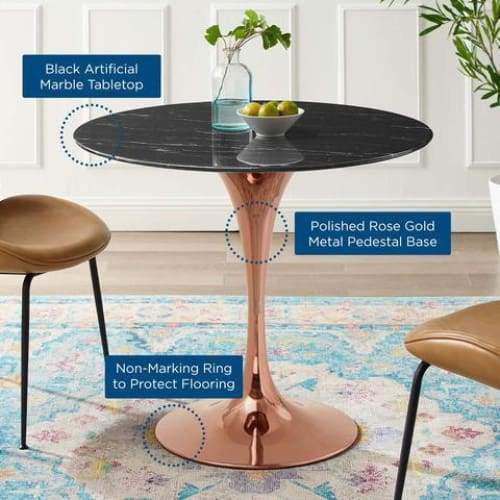 Pedestal Design 36” Round Black Artificial Marble Dining Table, Rose Gold Base