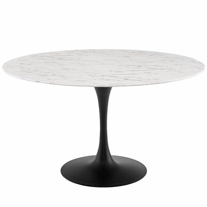 Pedestal Design 54” Round Artificial Marble Dining Table, Black Base