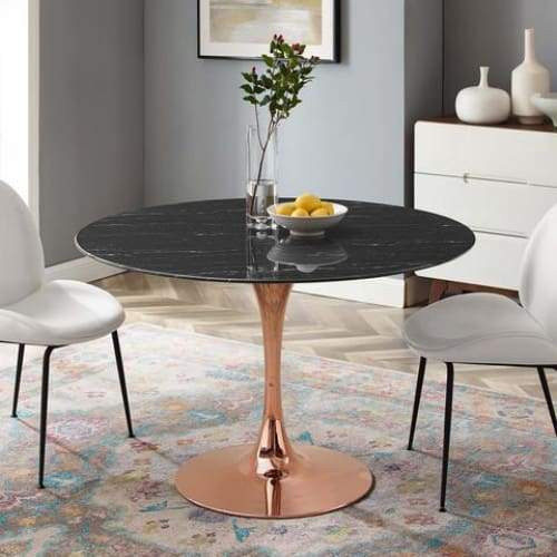 Pedestal Design 47" Round Black Artificial Marble Dining Table, Rose Gold Base 1