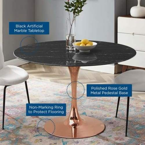 Pedestal Design 47" Round Black Artificial Marble Dining Table, Rose Gold Base 1