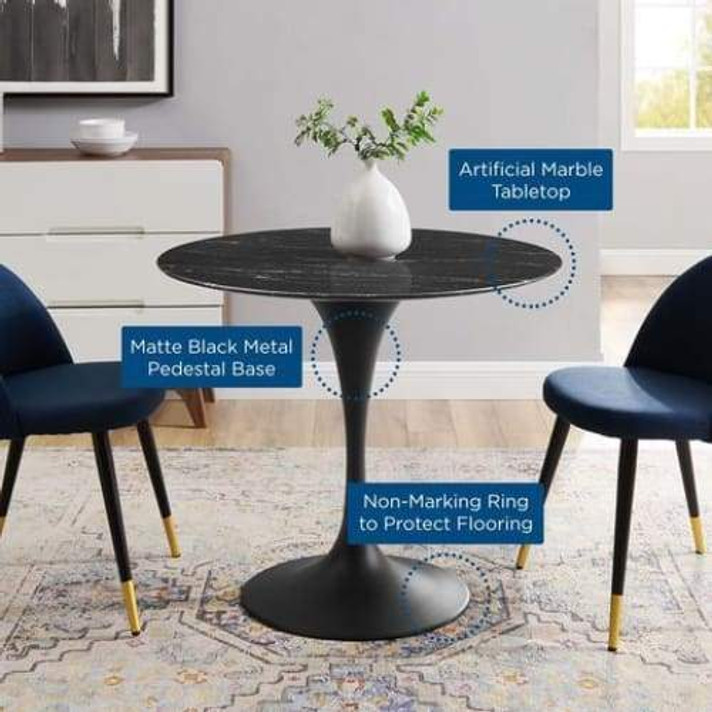 Pedestal Design 36" Round Black Artificial Marble Dining Table, Black Base