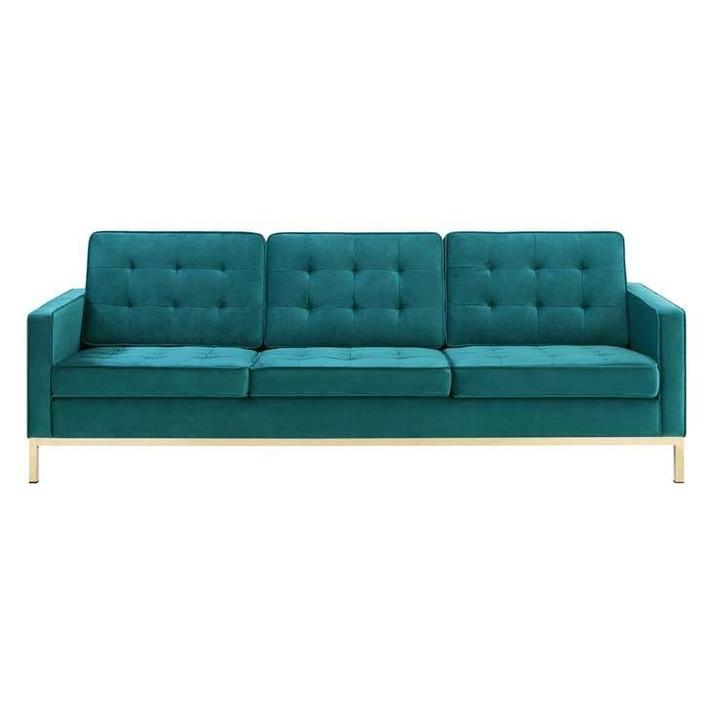 Loft Velvet Sofa, Gold Stainless Steel Legs, Teal