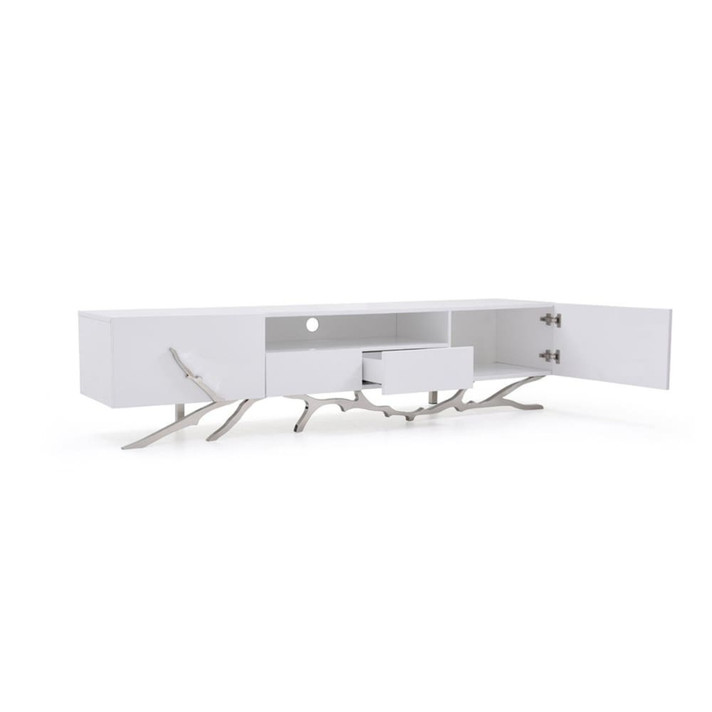 Branching Modern White And Stainless Steel TV Stand