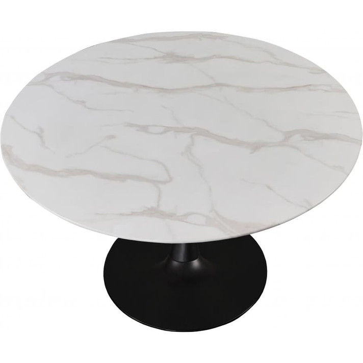 Pedestal Design 48" Glass Artificial Marble Dining Table, Black Base