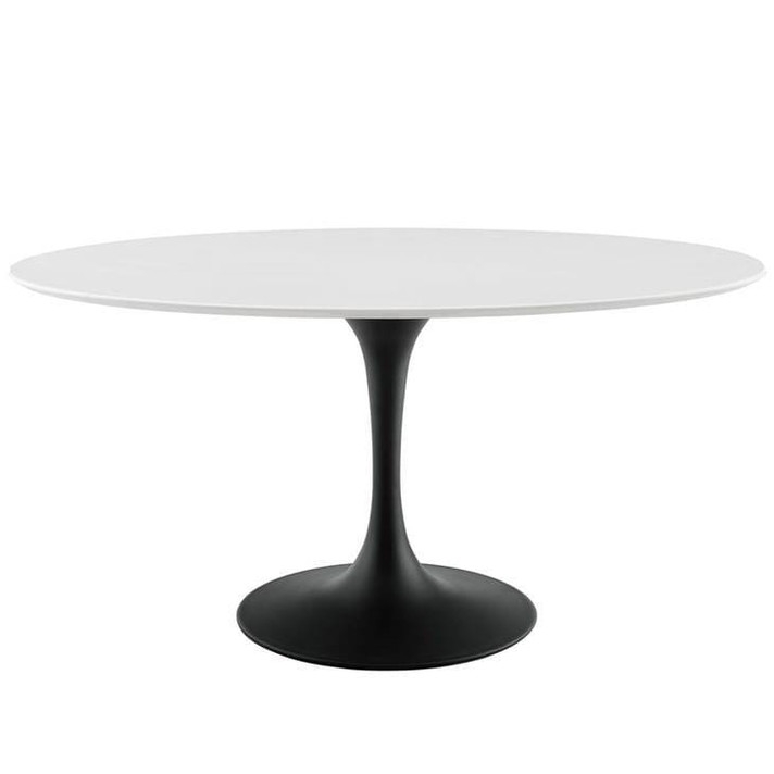 Pedestal Design 60” Oval White Wood Top Dining Table, Black