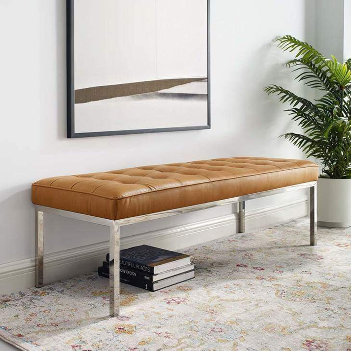 Loft Tufted Large Vegan Leather Bench, Tan Loft Tufted Large Vegan Leather Bench, Tan