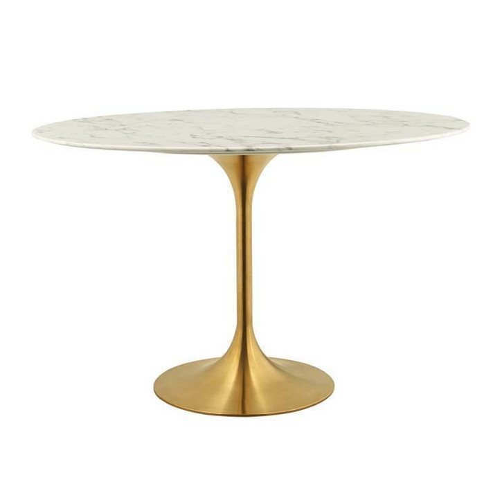 Pedestal Design 48" Oval Artificial Marble Dining Table, Gold