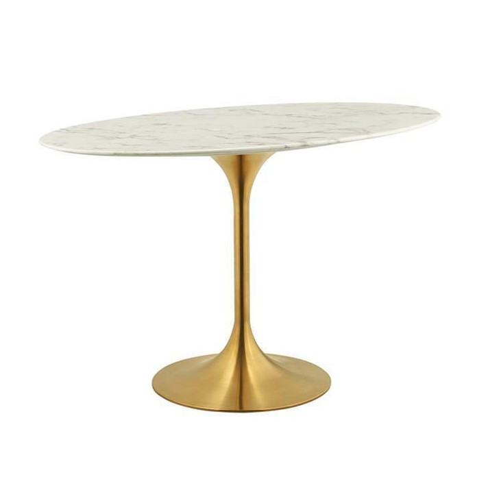 Pedestal Design 48" Oval Artificial Marble Dining Table, Gold