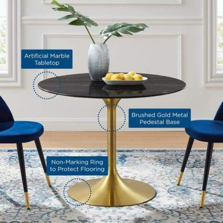 Pedestal Design 40" Round Black Artificial Marble Dining Table, Brushed Gold