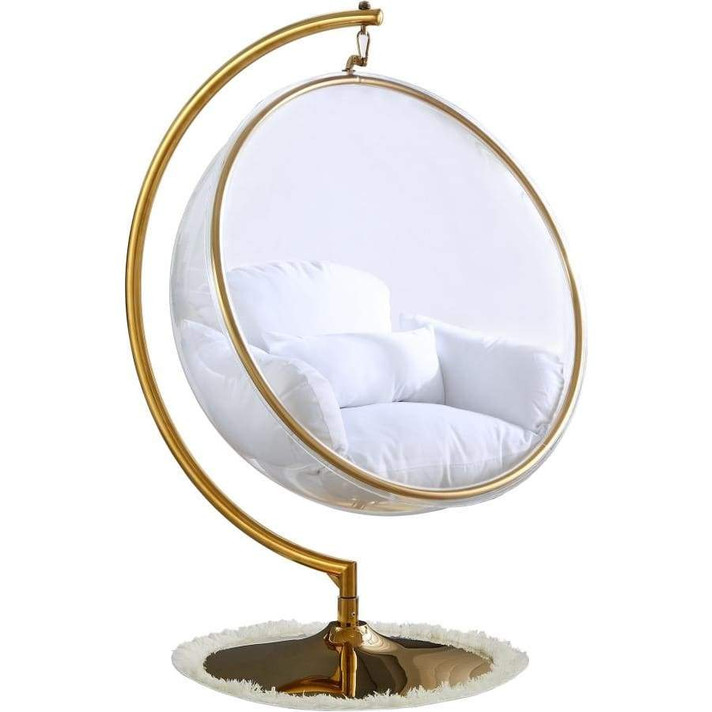 Swing Bubble Chair, Gold Metal Base, White Fabric