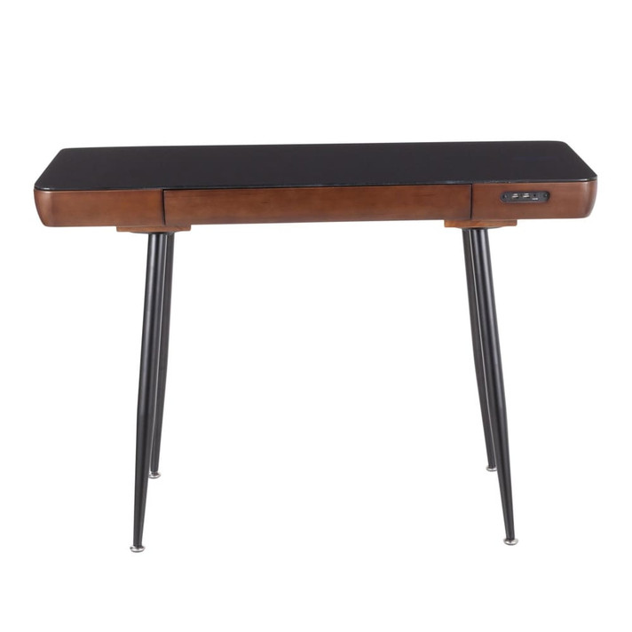 Boom Desk, Black Metal, Walnut Wood Top, Black Glass