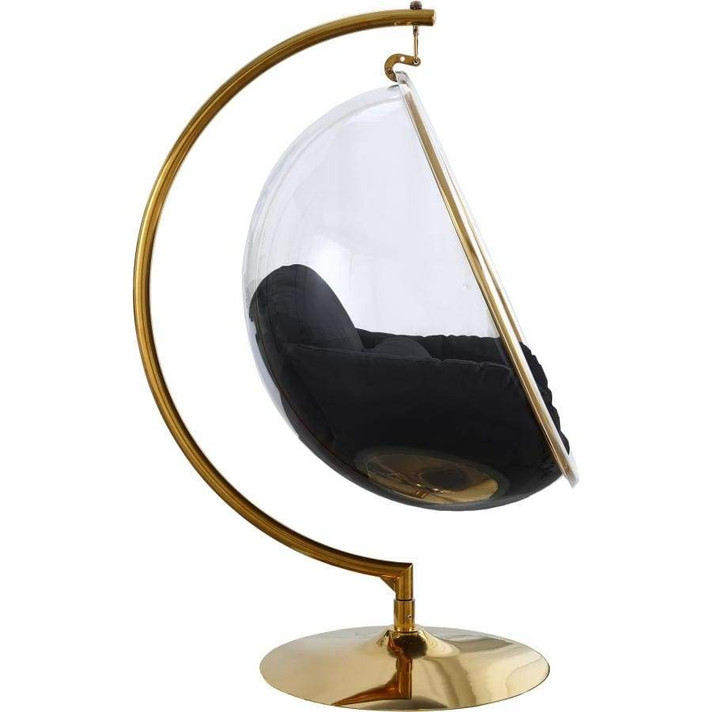 Swing Bubble Chair, Gold Metal Base, Black Fabric