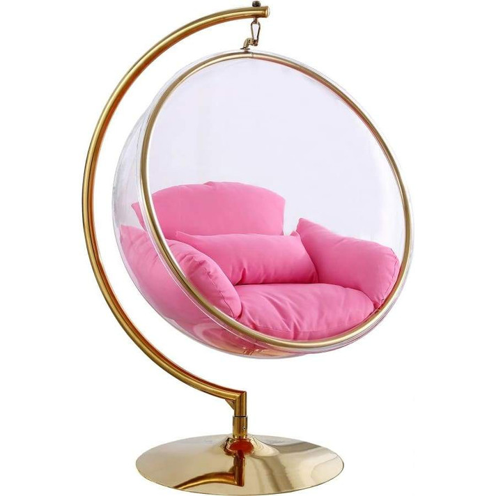 Swing Bubble Chair, Gold Metal Base, Pink Fabric