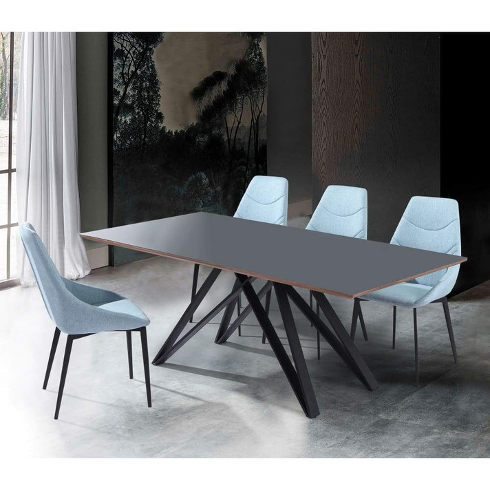 Urbino Mid-Century Dining Table in Matte Black Finish with Walnut and Dark Gray Glass Top
