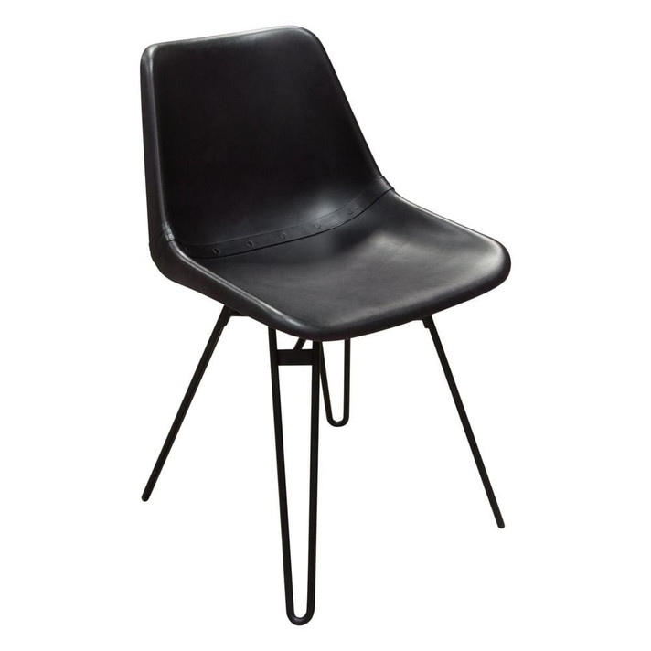 Camron Dining Chair, Black Leather, Black Hairpin Leg