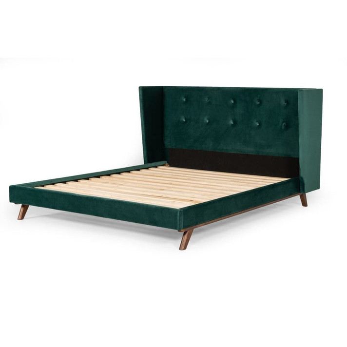 Douglas Queen Green Fabric Bed, Walnut Legs