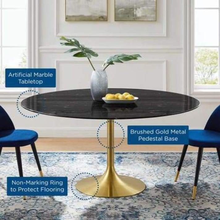 Pedestal Design 60" Round Black Artificial Marble Dining Table, Brushed Gold