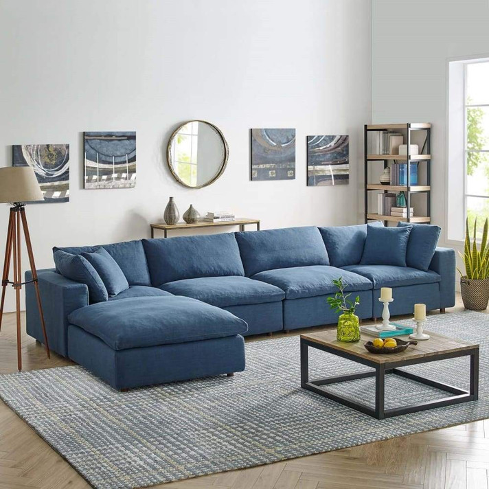 Crux Down Filled Overstuffed 5 Piece Sectional Sofa, Azure