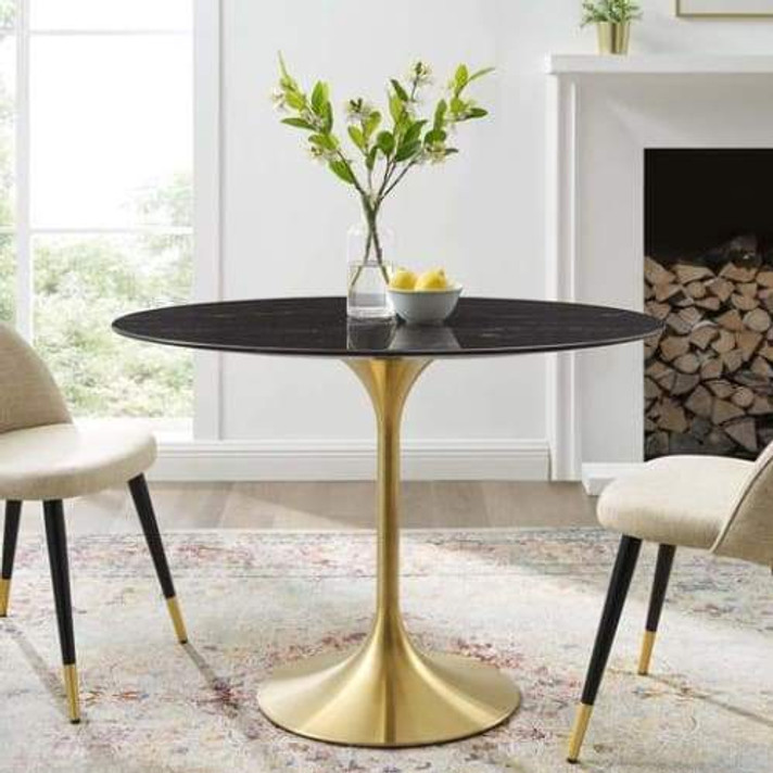 Pedestal Design 42" Oval Black Artificial Marble Dining Table, Brushed Gold