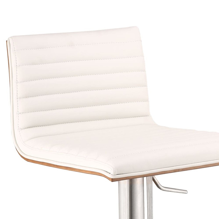 Cafe Adjustable Brushed Stainless Steel Barstool in White Faux Leather with Walnut Back