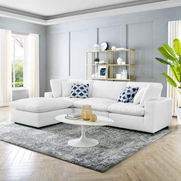 Crux Down Filled Overstuffed Vegan Leather 4 Piece Sectional Sofa, White