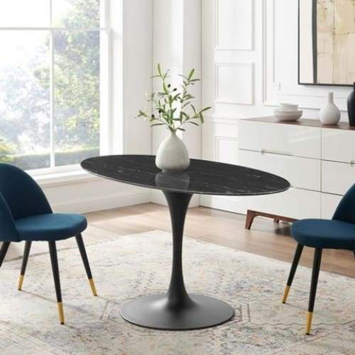 Pedestal Design 54" Oval Black Artificial Marble Dining Table, Black Base