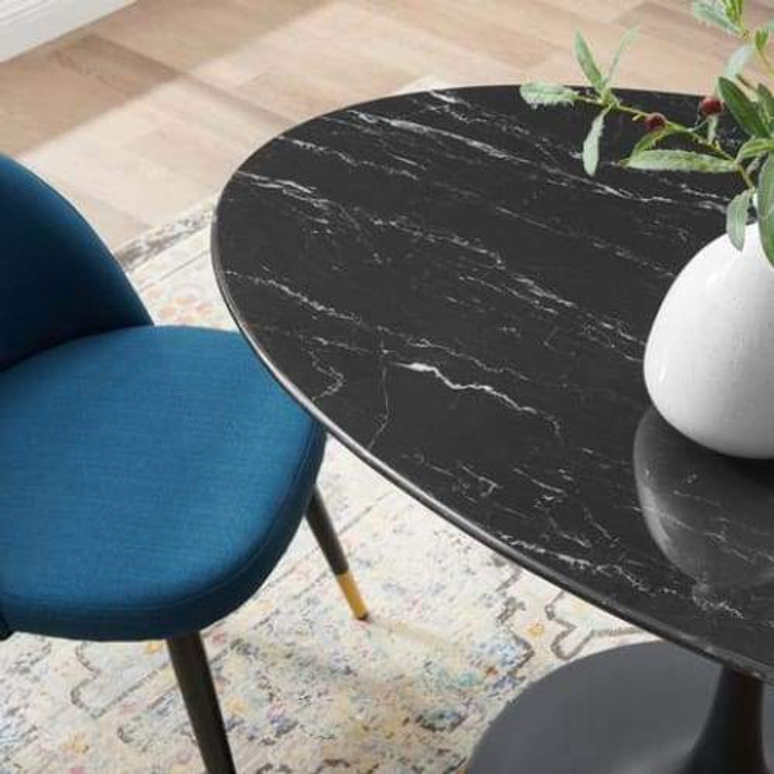 Pedestal Design 54" Oval Black Artificial Marble Dining Table, Black Base