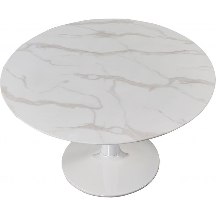 Pedestal Design 48" Glass Artificial Marble Dining Table, White Base
