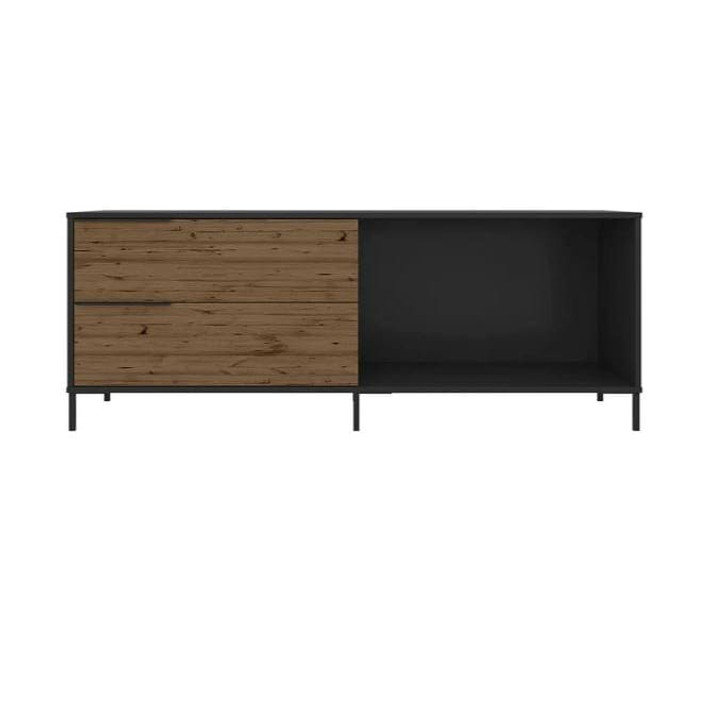 Zachary 60 Inch Wood And Metal TV Stand, 2 Drawers, Brown And Black