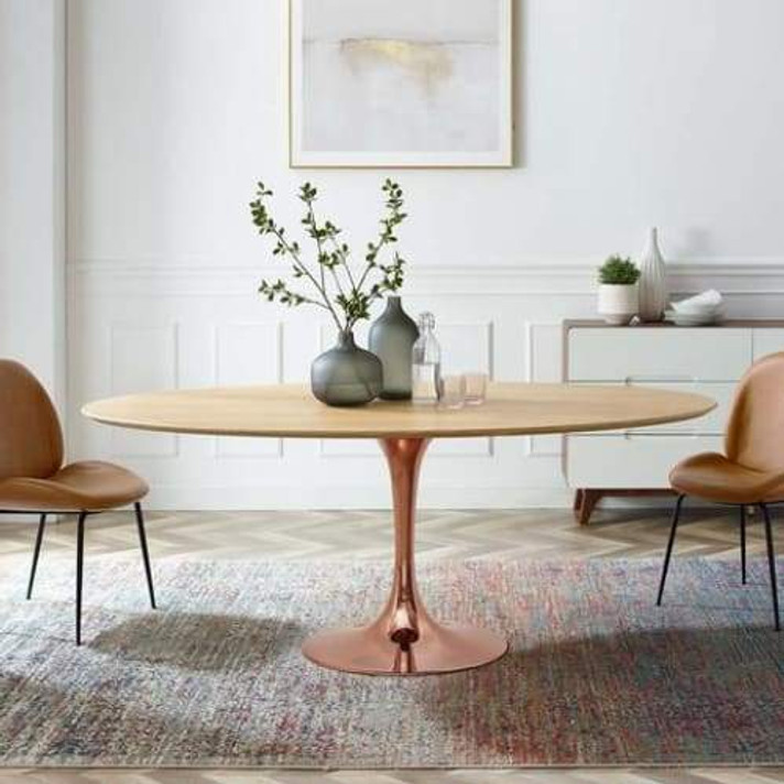 Pedestal Design 78" Oval Natural Wood Dining Table, Rose Gold Base