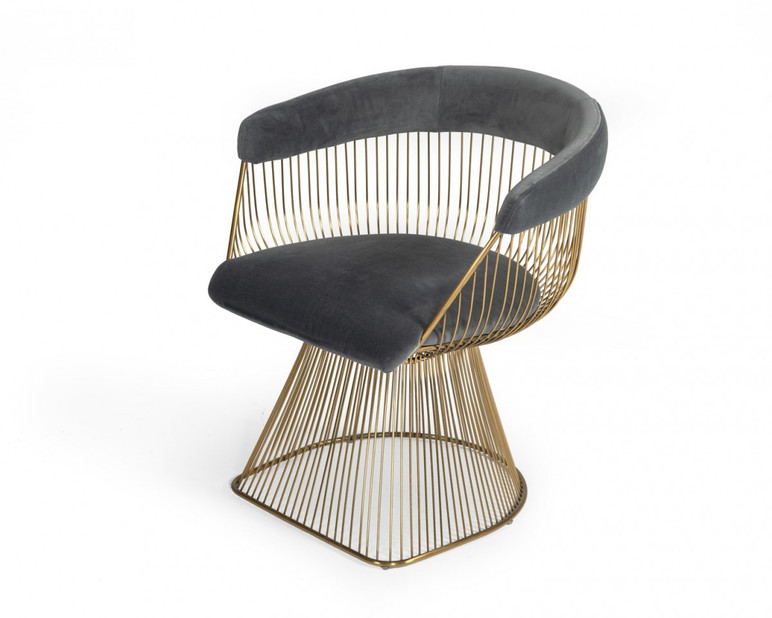 Platner Dining Chair Brushed Gold, Grey Velvet