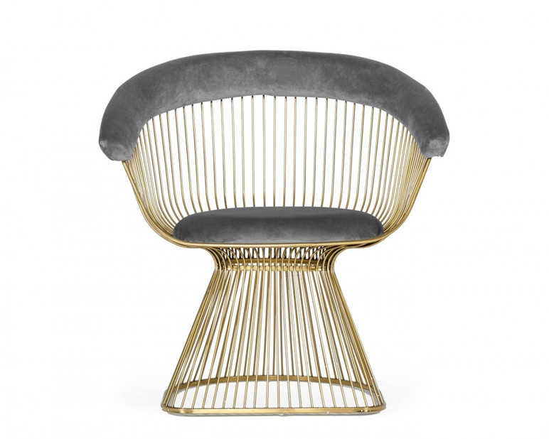 Platner Dining Chair Brushed Gold, Grey Velvet