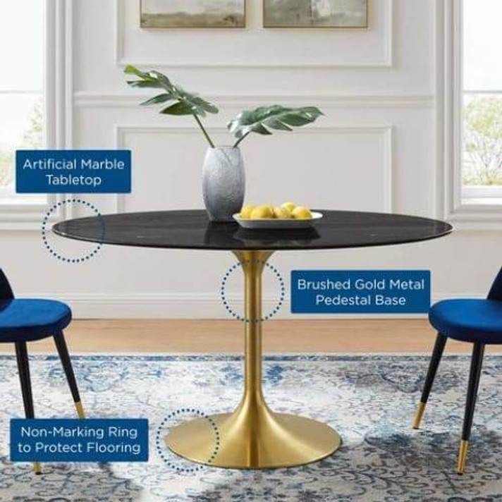 Pedestal Design 54" Oval Black Artificial Marble Dining Table, Brushed Gold