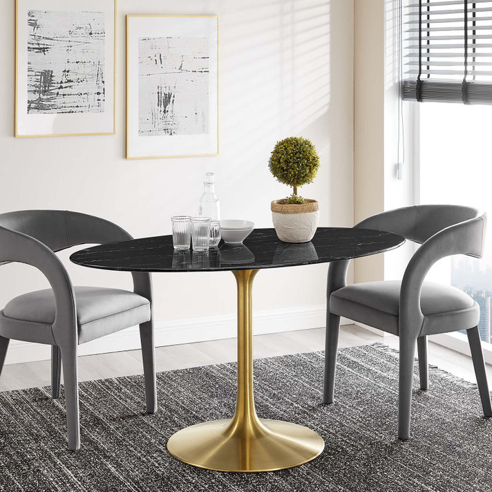 Pedestal Design 54" Oval Black Artificial Marble Dining Table, Brushed Gold