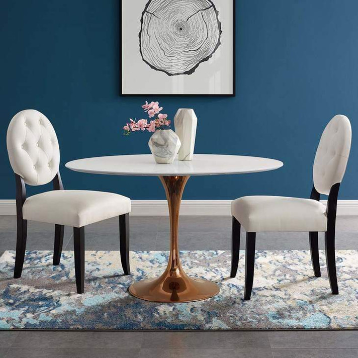 Pedestal Design 48” Oval Wood Top Dining Table, Rose Gold