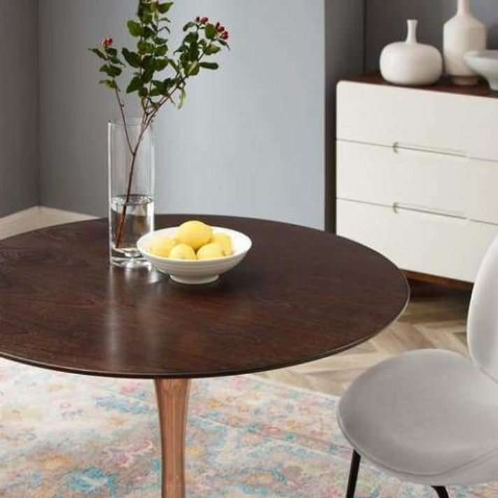 Pedestal Design 40" Round Cherry Walnut Wood Dining Table, Rose Gold Base