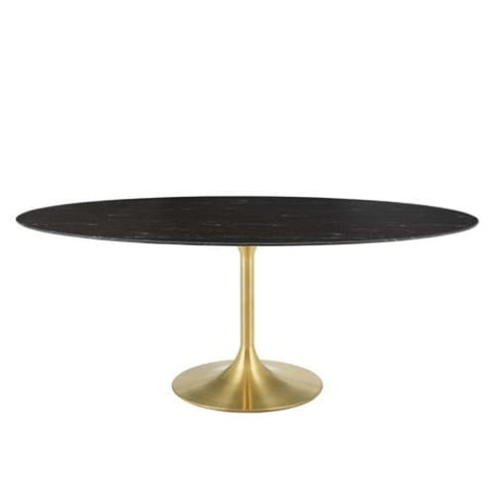 Pedestal Design 78" Oval Black Artificial Marble Dining Table, Brushed Gold