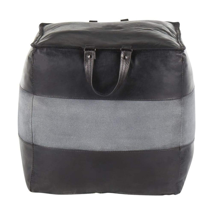 Cobbler Pouf Black Leather, Gray Canvas