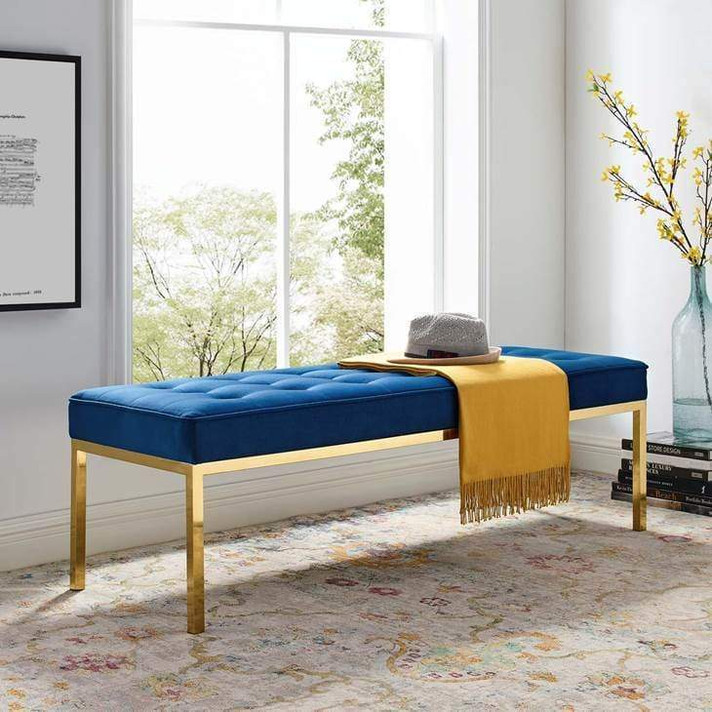 Loft Large Gold Leg Velvet Bench, Navy