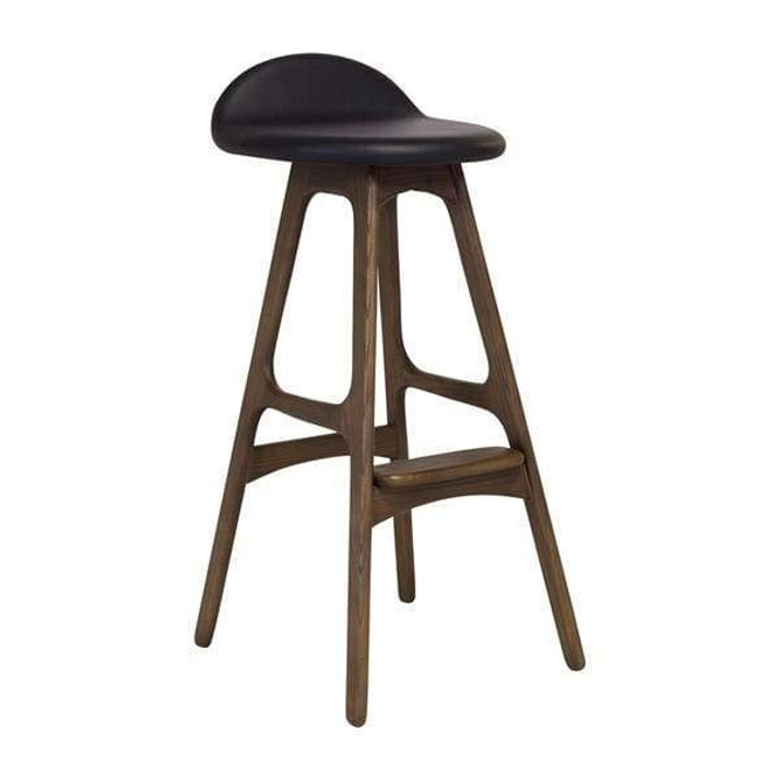 Buch Mid Century Teak Bar Stool, Black Vegan Leather