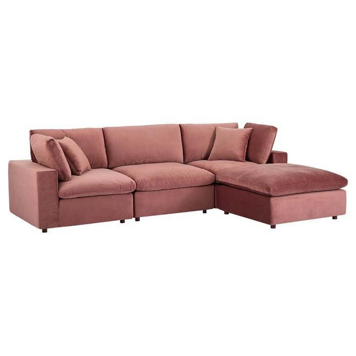 Crux Down Filled Overstuffed 4 Piece Sectional Sofa, Dusty Rose Velvet