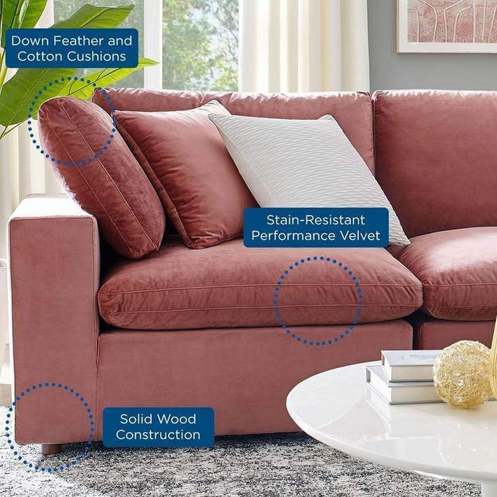 Crux Down Filled Overstuffed 4 Piece Sectional Sofa, Dusty Rose Velvet
