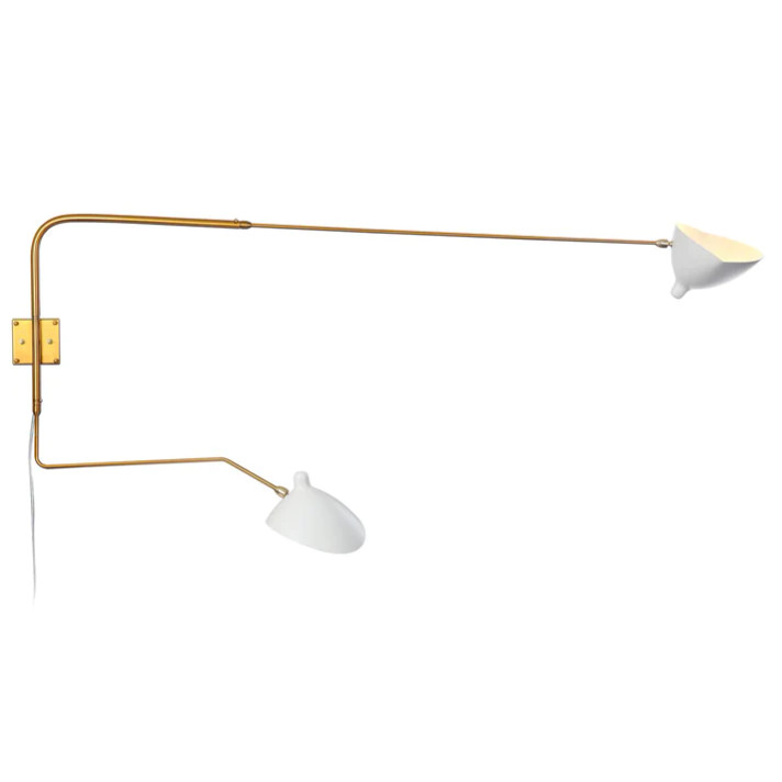 Mouille Edition Two Arm Wall Sconce, Long Arm, White + Brass